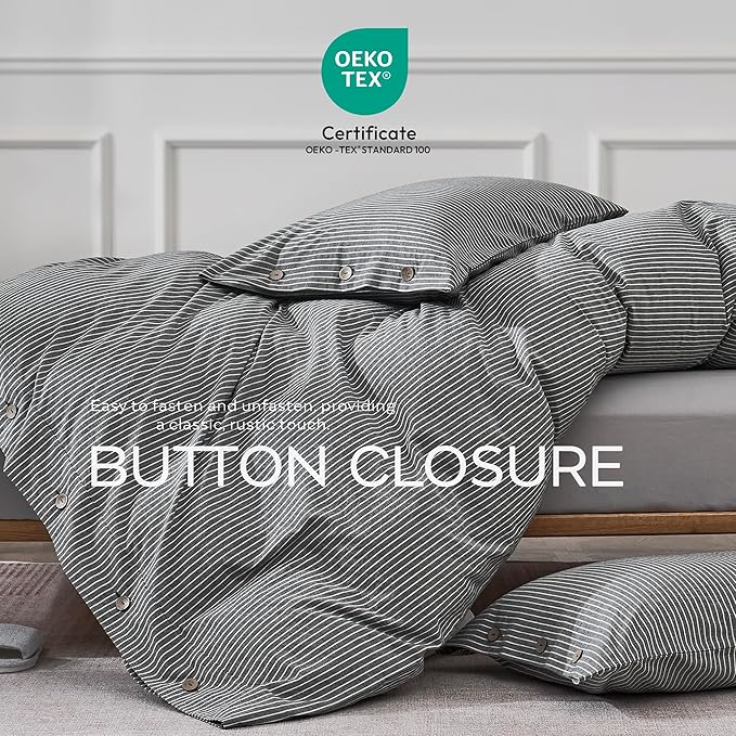 JELLYMONI Cotton Duvet Cover Queen Size - Black Vertical Pinstriped Comforter Cover with Button 100% Washed Cotton 3PCS Breathable Soft Solid Bedding Set Duvet Cover 90×90in & 2 Pillowcases