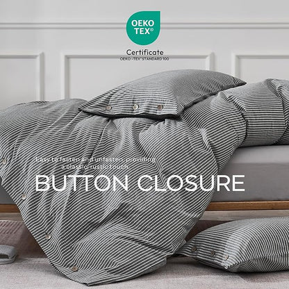 JELLYMONI Cotton Duvet Cover Full Size - Black Vertical Pinstriped Comforter Cover with Button 100% Washed Cotton 3PCS Breathable Soft Solid Bedding Set Duvet Cover 80×90in & 2 Pillowcases