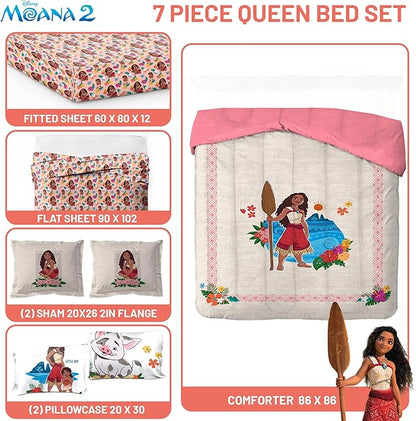 Jay Franco Disney Moana Queen Comforter Set - 7 Piece Bedding Includes Sheet Set & Pillow Covers - Super Soft Floral Kids Bedding