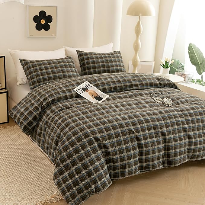 ECOCOTT Buffalo Plaid Duvet Cover Queen Size – 3 Piece Washed Cotton Brown & Blue Bedding Set, Soft & Breathable, Reversible Checkered Design with Zipper Closure & Corner Ties