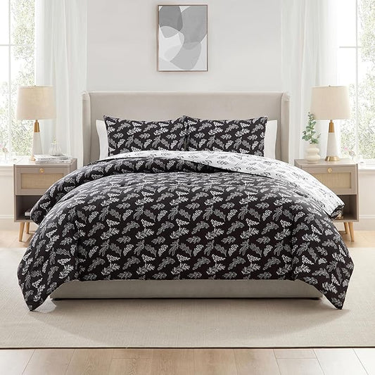 Nestl Queen Comforter Set - Black Bed in a Bag Queen Size, 3 Pieces Reversible Bed Set, Soft Floral Bedding Set, All Season Botanical Comforters with Pillow Shams