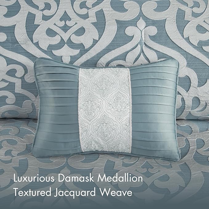 Madison Park Odette Cozy King Size Comforter Set Jacquard Damask Medallion Design - Modern All Season, Down Alternative Bedding, Shams, Decorative Pillows, King(104 in x 92 in), Aqua