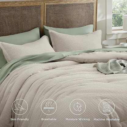 Bedsure Waffle Comforter Set Queen, Linen Soft Bedding, Waffle Weave Bed Set, 3 Pieces, 1 Comforter (90"x90") and 2 Pillow Shams, Cotton Shell and Polyester Lining for All Seasons