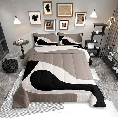 Erosebridal Black Beige Striped Comforter Set Toddler Size,Boho Modern Geometric Abstract Bedding for Women Men Adults, Stripes Bold Lines Quilt,Minimalist Stylish Art Bedding Comforter Sets