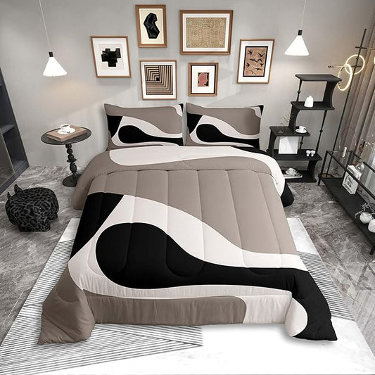 Erosebridal Black Beige Striped Comforter Set Toddler Size,Boho Modern Geometric Abstract Bedding for Women Men Adults, Stripes Bold Lines Quilt,Minimalist Stylish Art Bedding Comforter Sets