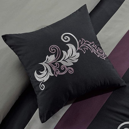Chezmoi Collection Napa 7-Piece Luxury Leaves Scroll Embroidery Bedding Comforter Set (Oversized King, Purple/Black/Gray)