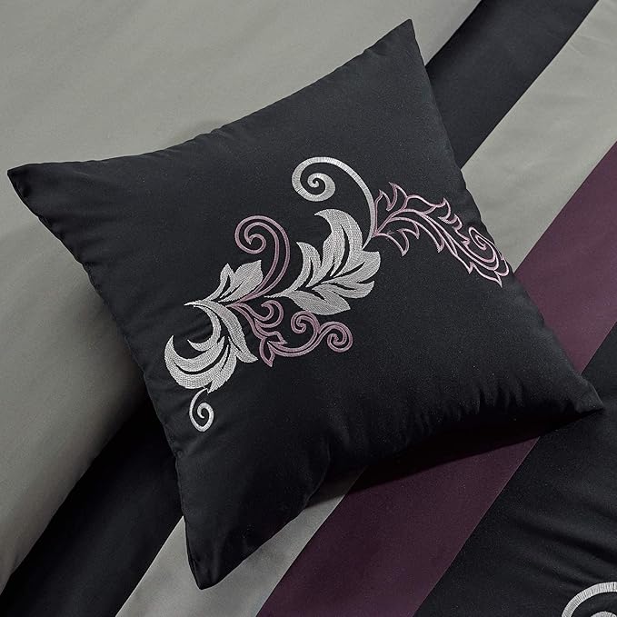 Chezmoi Collection Napa 7-Piece Luxury Leaves Scroll Embroidery Bedding Comforter Set (King, Purple/Black/Gray)