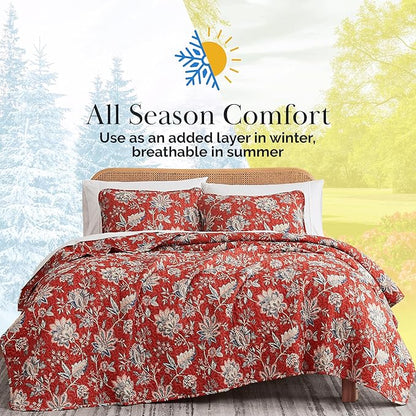 Southshore Fine Living, Inc. Oversized King Quilt Bedding Set, Jacobean Willow Floral Quilt Set with 2 Matching Pillow Shams, Lightweight California King Bed Spread, Soft Microfiber Fabric, Red