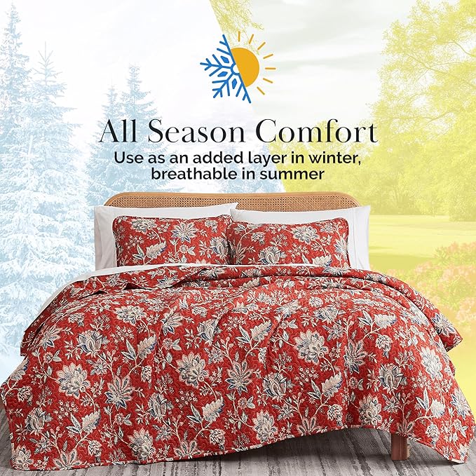 Southshore Fine Living, Inc. Oversized Quilt Bedding Set, 2-Piece Twin XL Coverlet with Matching Sham, Jacobean Willow Floral Coverlet, All Season Quilt Bedspread, Lightweight Twin Quilts, Red