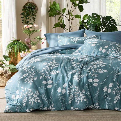 Bedsure King Size Comforter Set - 7 Pieces Floral Mineral Blue Soft Bedding Sets, King Bed in a Bag with Botanical Flowers Comforter, Sheets, Pillowcases & Shams