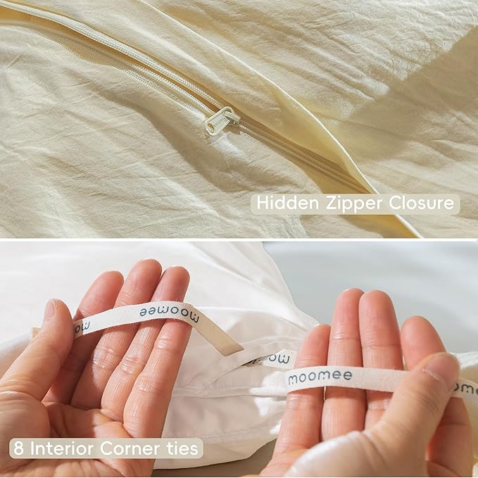 MooMee Bedding Duvet Cover Set 100% Washed Cotton Linen Like Textured Breathable Durable Soft Comfy (Solid Cream, Palatial King/Oversized King 120"x90")