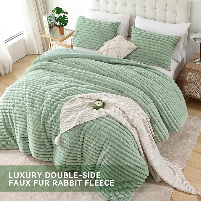 Smoofy Fluffy Twin Comforter Sets 2 Pieces - Sage Green Fleece Fluffy Comforter Set, Luxury Fuzzy Twin Bedding Set, Soft Twin Size Comforter All Season, Heavy Faux Fur Comforter with Pillow Cases