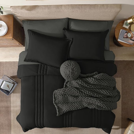 Monbix Full Comforter Set - 7 Pieces Black Bed in a Bag Full Size Bedding Sets with Comforters, All Seasons Comforter with Sheets, Pillowcases & Shams
