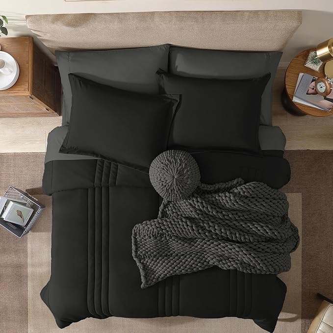 Monbix Oversized Queen Comforter Set - 7 Pieces Black Bed in a Bag Oversized Queen Bedding Sets with Comforters, All Seasons Comforter Bed Set with Sheets,Pillowcases & Shams
