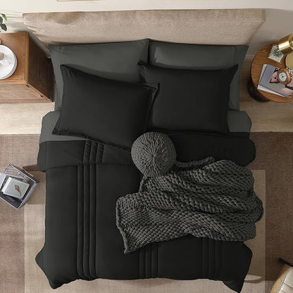 Monbix Queen Comforter Set - 7 Pieces Black Bed in a Bag Queen Bedding Sets with Comforters, All Seasons Comforter Bed Set with Sheets,Pillowcases & Shams