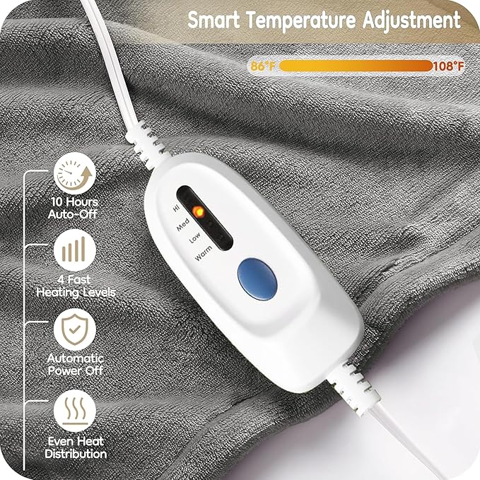 Electric Heated Blanket Twin Size 62"×84", Breathable & Luxurious Flannel, Soft Warm Gift with Over-Heat Protection, 4 Heating Levels & 10 H Auto Shut Off, Machine Washable, Light Grey