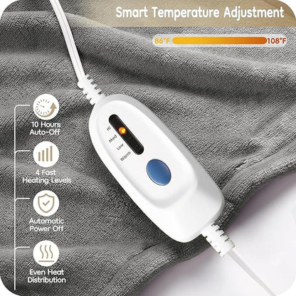 Electric Heated Blanket Twin Size 62"×84", Breathable & Luxurious Flannel, Soft Warm Gift with Over-Heat Protection, 4 Heating Levels & 10 H Auto Shut Off, Machine Washable, Light Grey