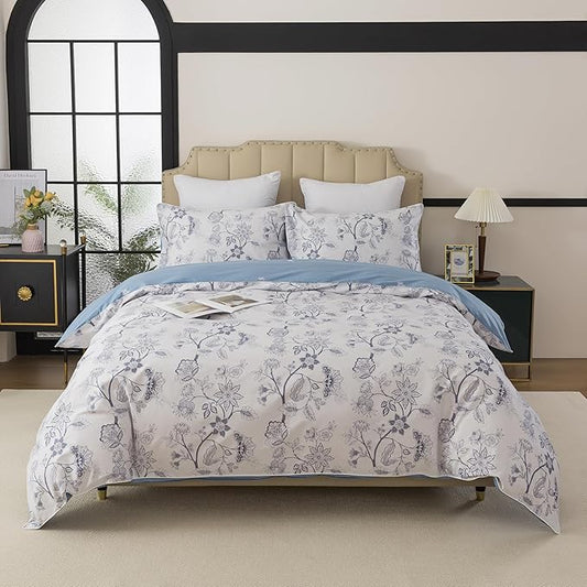 FADFAY Duvet Cover Set Queen Floral Bedding Percale Cotton 600 TC Classical Toile Luxury Reversible Light Blue Shabby Vintage Farmhouse Bedding Minimalist Chic Comforter Cover Soft Breathable 3Pcs