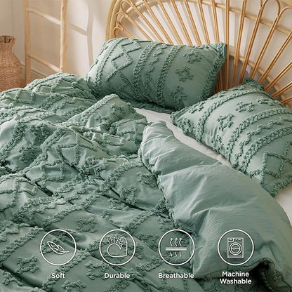 Bedsure Boho Duvet Cover Queen Size, Soft & Comfortable Elegant Design Boho Bedding for Decoration, Machine Washable Comforter Cover for All Seasons,Includes 1 Duvet Cover & 2 Pillow Shams,Sage Green