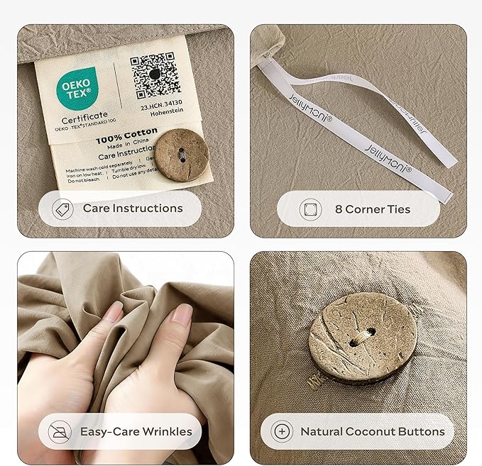 JELLYMONI 100% Washed Cotton Duvet Cover Twin – Soft, Breathable Linen-Look Bedding with Natural Wrinkle Texture, Button Closure, 2-Piece Set (Dusty Khaki, 68"x90")