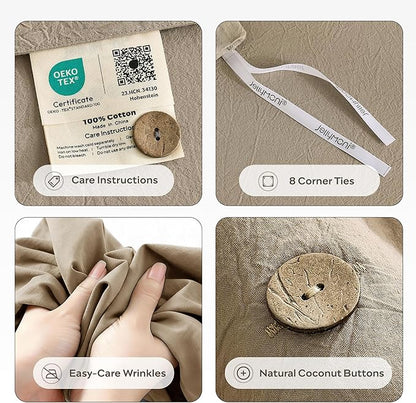 JELLYMONI 100% Washed Cotton Duvet Cover Queen – Soft, Breathable Linen-Look Bedding with Natural Wrinkle Texture, Button Closure, 3-Piece Set (Dusty Khaki, 90"x90")