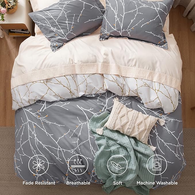 Bedsure Duvet Cover Twin Size - Reversible Botanical Duvet Cover Set with Zipper Closure, 2 Pieces Grey Bedding Set with 8 Corner Ties and 1 Pillow Sham 20"x26"