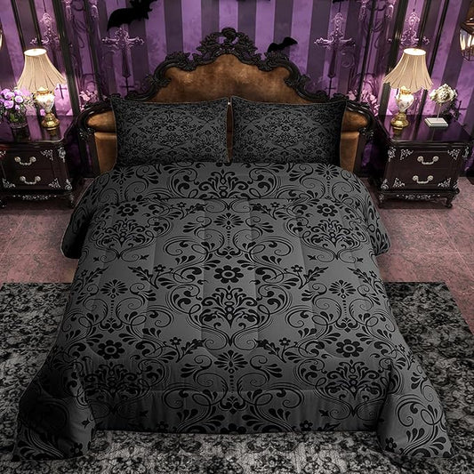 Feelyou Adults Black Vintage Damask Floral Comforter Set Oriental Antique Comforter King Size Gothic Bohemia Boho Flower Bedding Set Bohemian Exotic Duvet Set Quilt Set 3Pcs