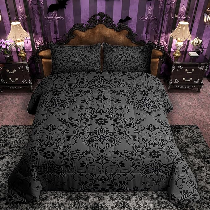 Feelyou Adults Black Vintage Damask Floral Comforter Set Oriental Antique Comforter Twin Size Gothic Bohemia Boho Flower Bedding Set Bohemian Exotic Duvet Set Quilt Set 2Pcs
