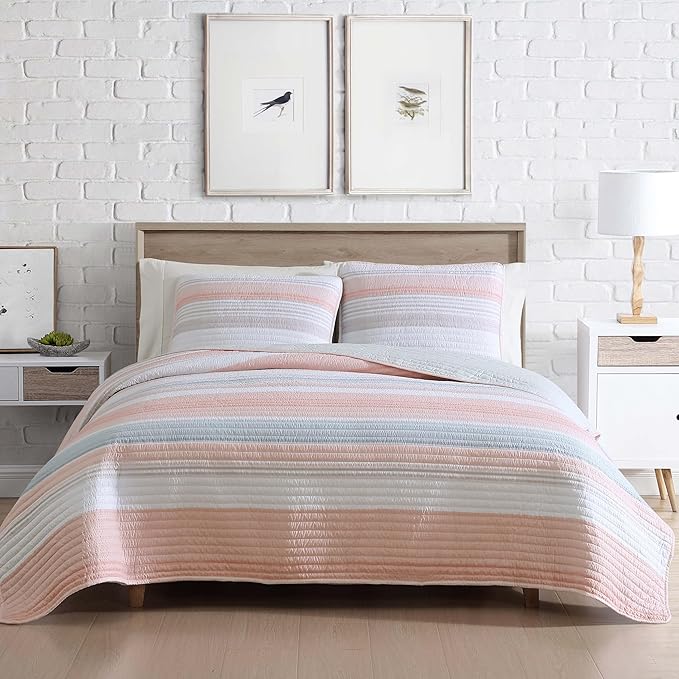 Beatrice Home Fashions Coralinn Striped 2-Piece Quilt Set, Lightweight, All-Seasons, Twin, Blush