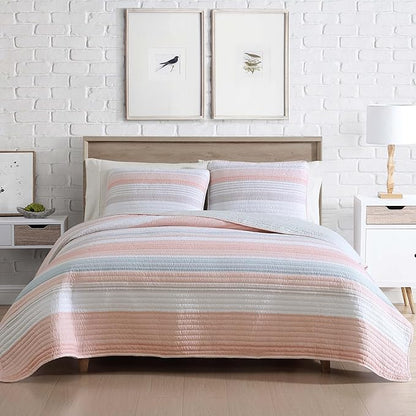 Beatrice Home Fashions Coralinn Striped 2-Piece Quilt Set, Lightweight, All-Seasons, Twin, Blush