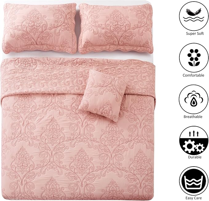 Home Soft Things Damask 4 Piece Bedspread Set, Scalloped Edge Reversible Quilt Coverlet Comforter Prewashed Bedding Set, Matelasse Embossed Floral Solid Pattern,Dusty Pink Oversize Queen(110" x 120")