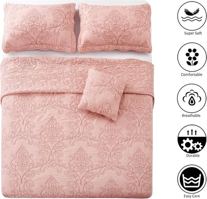 Home Soft Things Damask 4 Piece Bedspread Set, Scalloped Edge Reversible Quilt Coverlet Comforter Prewashed Bedding Set, Matelasse Embossed Floral Solid Pattern,Dusty Pink Oversize Queen(110" x 120")