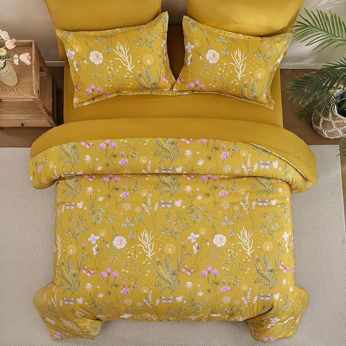Yiran Queen Comforter Set, 7 Pieces Yellow Floral Soft Bedding Sets, Queen Bed in a Bag with Botanical Flowers All Season Comforter, Sheets, Pillowcases & Shams