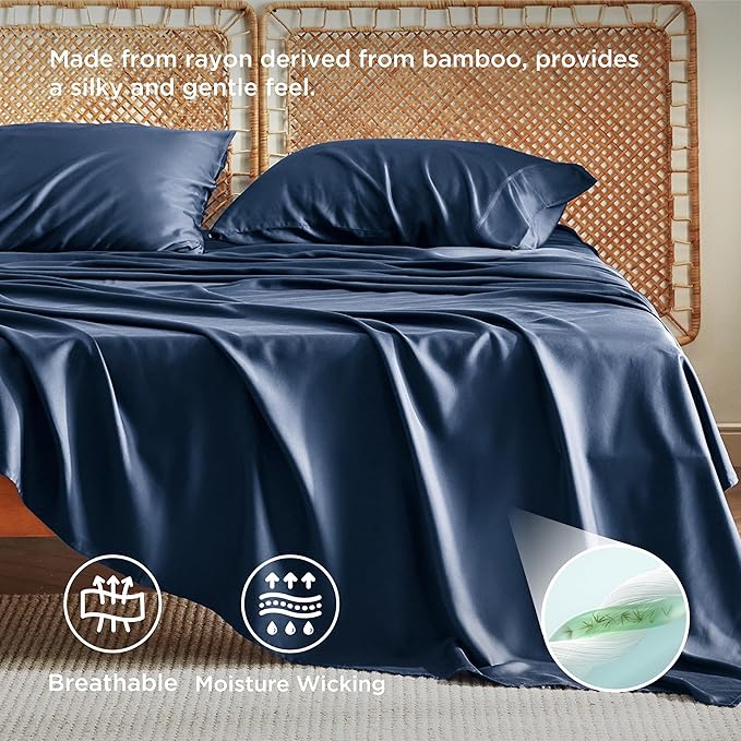 Bedsure California King Sheet Sets, Cooling Sheets for Hot Sleepers, Rayon Derived from Bamboo, PureWoven, Breathable & Soft, Deep Pocket Up to 16 Inches, Hotel Luxury Silky Bedding, Navy