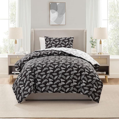 Nestl Twin/Twin XL Comforter Set - Black Bed in a Bag Twin, 2 Pieces Reversible Bed Set, Soft Floral Bedding Set for College Dorm, All Season Botanical Comforters with Pillow Sham