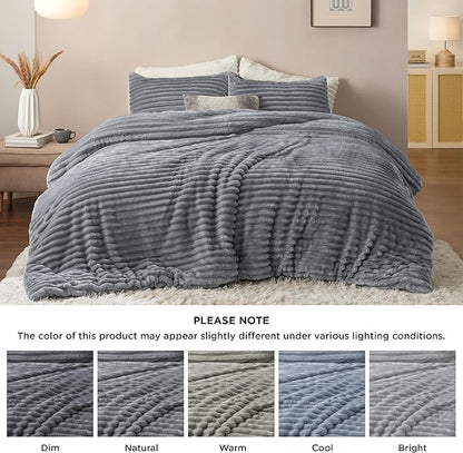 Bedsure Full Size Comforter Sets - GentleSoft™ 3 Pieces Double-Side Fleece Fluffy Grey Comforter Set, Cozy Striped Room Decor Aesthetic, Luxury Full Size Bedding, 2 Pillowcases, 82x86 Inches