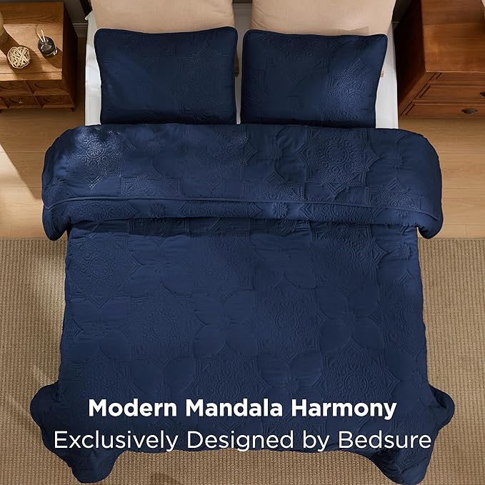 Bedsure Quilts Queen Size - Navy Blue Bedspread Queen Size & Lightweight Comforter, Modern Coverlet with Mandala Pattern, Ultra Soft All-Season Bedding, 90 x 96 Inches | Stitch-Free Quilting, Ultra Soft, Lightweight, Machine Washable, Pet-Friendly