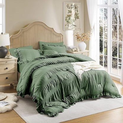 QUIETSEA King Comforter Set Seersucker 7 Pieces Luxury Ruffle Bed in a Bag King Size for All Season Green Bedding Set with Comforter, Pillowcases, Flat Sheet, Fitted Sheet and Pillow Shams