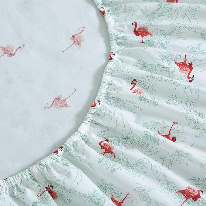 Tommy Bahama - Queen Size Sheet Set, Crisp & Cool Cotton Percale Bedding with a Smooth Lightweight Feel, 4 Piece Holiday Bed Sheets with Matching Pillowcases (Flamingo Santa Green)