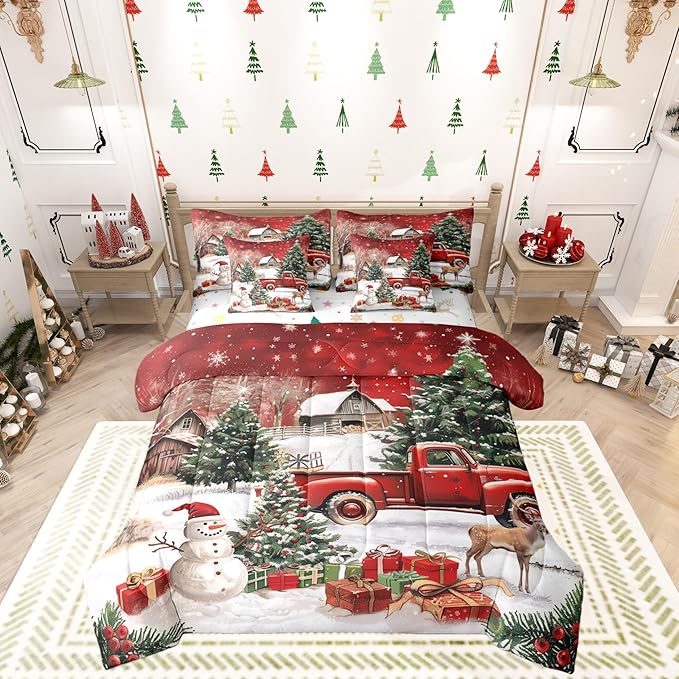 Castle Fairy Farmhouse Christmas 7 PCS Comforter Set,Xmas Truck Cute Snowman Bedding Set for Kids Girls,Rustic Pine Tree Deer Bed in a Bag with Comforter,Sheets and Pillow Cases,Full