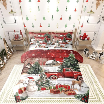 Castle Fairy Farmhouse Christmas 7 PCS Comforter Set,Xmas Truck Cute Snowman Bedding Set for Kids Girls,Rustic Pine Tree Deer Bed in a Bag with Comforter,Sheets and Pillow Cases,Queen