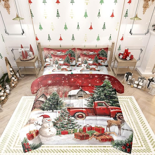 Castle Fairy Farmhouse Christmas 7 PCS Comforter Set,Xmas Truck Cute Snowman Bedding Set for Kids Girls,Rustic Pine Tree Deer Bed in a Bag with Comforter,Sheets and Pillow Cases,Queen