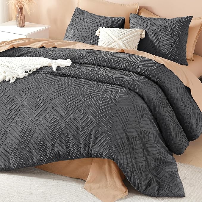 Litanika Dark Grey King Size Comforter Set, 3 Pieces Tufted Boho Farmhouse Bedding Comforter Sets, Lightweight Fluffy Comforter Bed Set for All Season (104x90In Comforter and 2 Pillowcases)