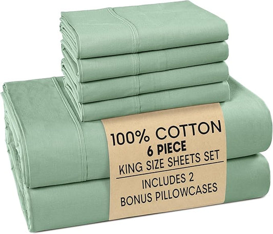 Casa Platino King Sheet Set – 100% Cotton Sheets with 4 Pillowcases, Crisp Percale Weave & Cozy Feel, Cooling & Breathable King Bed Sheets with 15" Deep Pocket, Excellent Quality & Fit – Sage Green