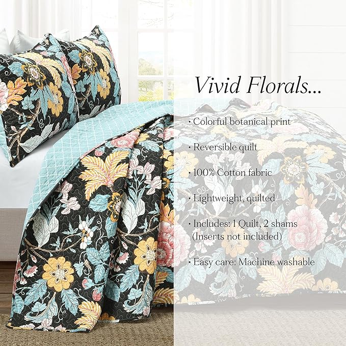 Lush Decor Sydney Reversible Cotton Quilt Set, 3 Piece Set, Full/ Queen, Black & Blue - Cotton Bedding Set - Black Floral Quilt - Cottage Decor - Bedding Queen Size