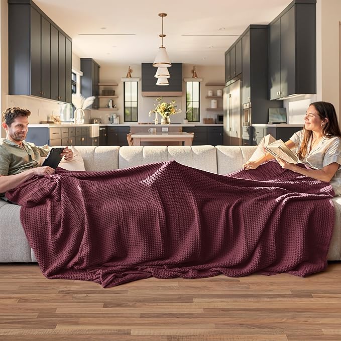 Bedsure Gentlesoft 100% Cotton Blanket Twin XL Size for College Dorm - Breathable and Soft for Spring Summer, Waffle Weave Twin Blanket for Bed, Dorm Room Essentials, Burgundy, 66x90 inches