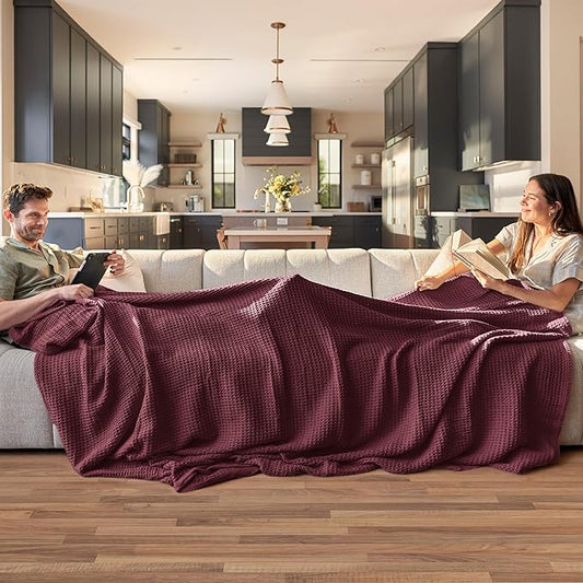 Bedsure Gentlesoft 100% Cotton Blanket Queen Size for Bed - Breathable and Soft for Spring Summer, Thick Cozy Waffle Weave Blanket Gifts for Women, Burgundy, 90x90 Inches