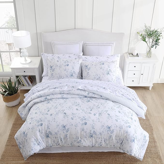 Laura Ashley - Twin Comforter Set, Soft & Reversible Cotton Bedding with a Smooth Feel, Medium Weight for Year Round Comfort, 2 Piece Bed Set with Matching Pillowcase (Belinda Blue)