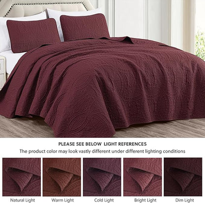Chezmoi Collection Austin 3-piece Oversized Bedspread Coverlet Set (King, Burgundy) | Oversized, Lightweight, Fade Resistant