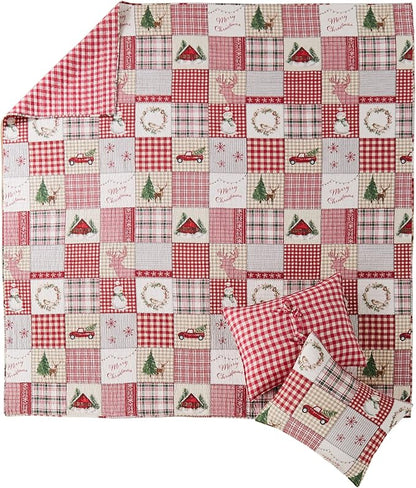Levtex Home - Home for Christmas Quilt Set - Twin/Twin XL Holiday Quilt 68x86 and One Standard Pillow Sham 20x26 - Green, Red, Taupe and Cream - Reversible - Cotton/Polyester